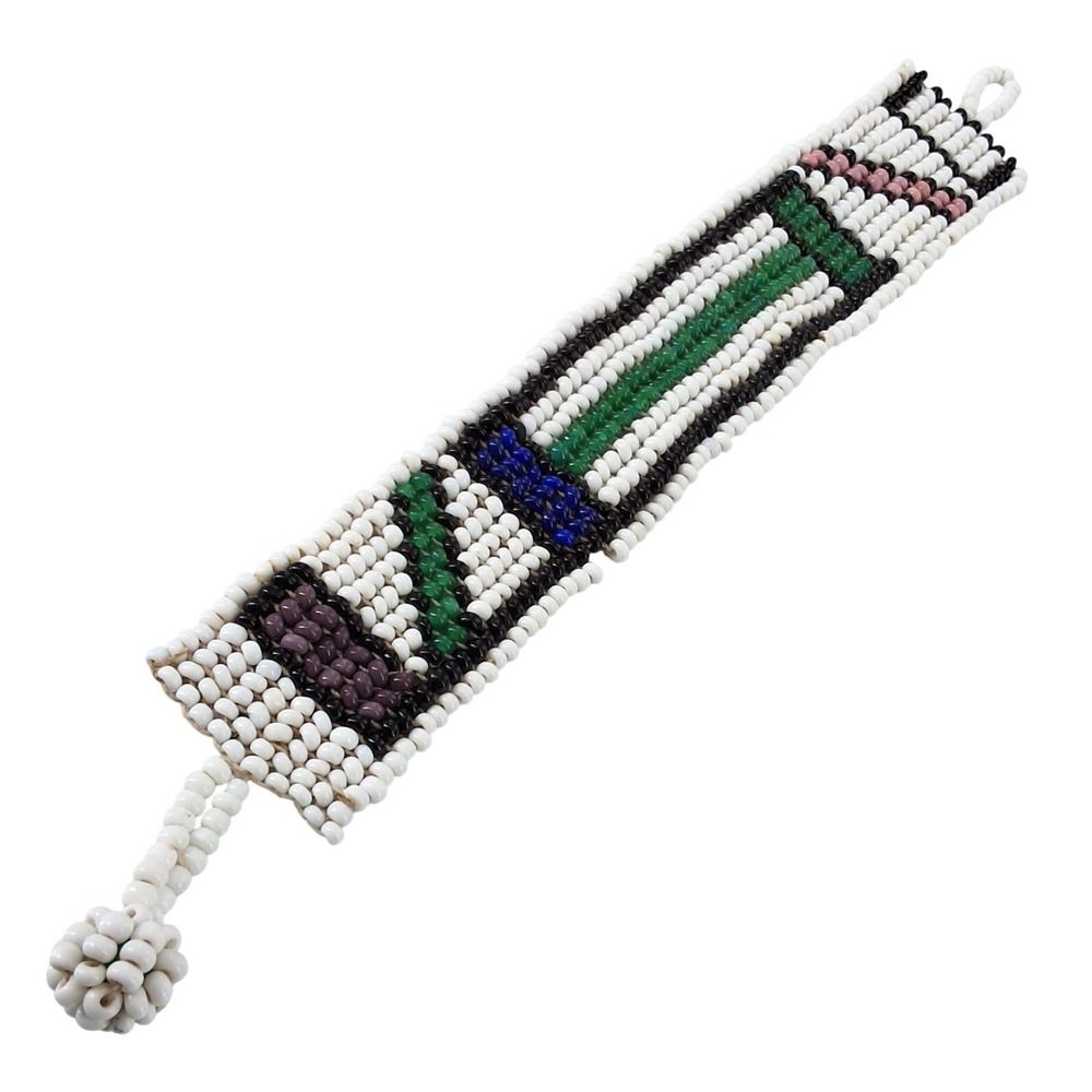 Handmade Geometric Seed Bead Cuff Bracelet White Green Boho Southwestern Wide